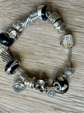 New Rhona Sutton Silver Charm Bracelet with Black Beads and Heart Crystal